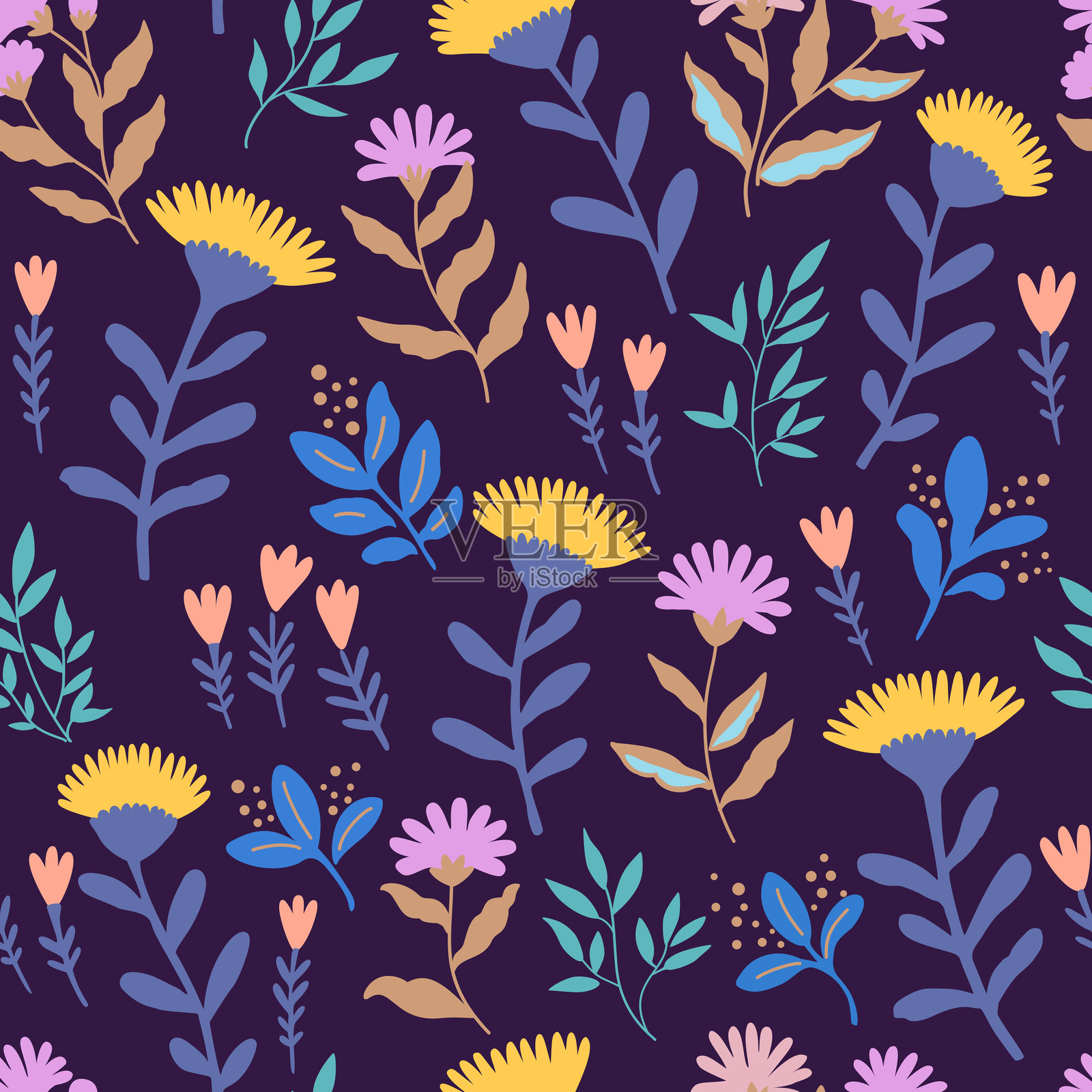 可爱温柔涂鸦花卉的无缝图案。适合剪贴簿和纺织品的女性浪漫印花。矢量插图插画图片素材