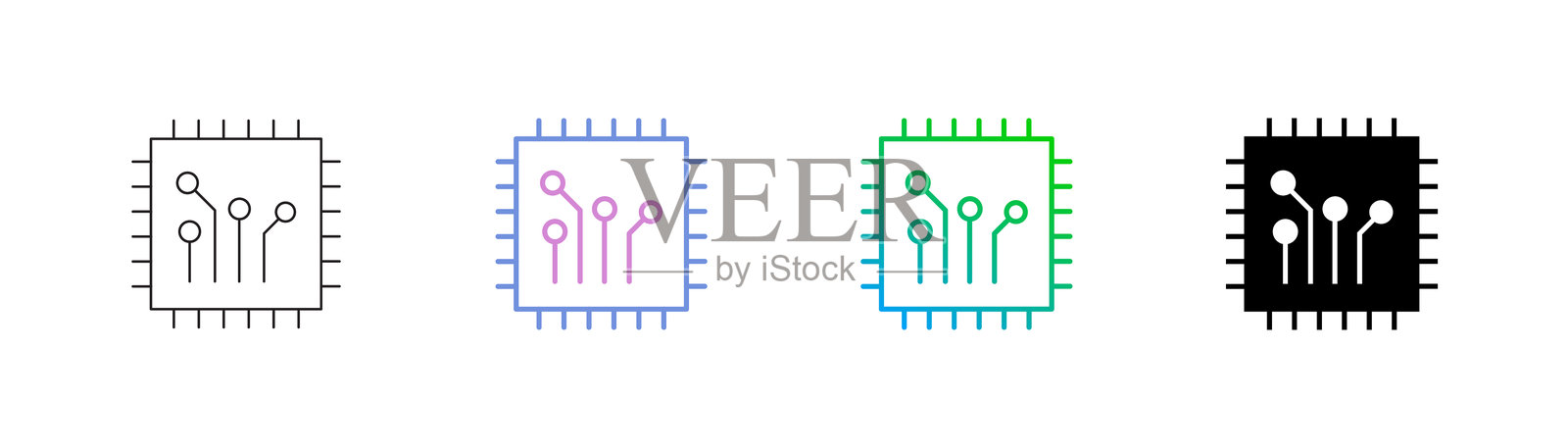 微芯片图标有四种风格：可编辑的线条、双色线条、渐变线条和实心线条。适用于网页设计、移动应用、用户界面、用户体验和图形用户界面设计。插画图片素材