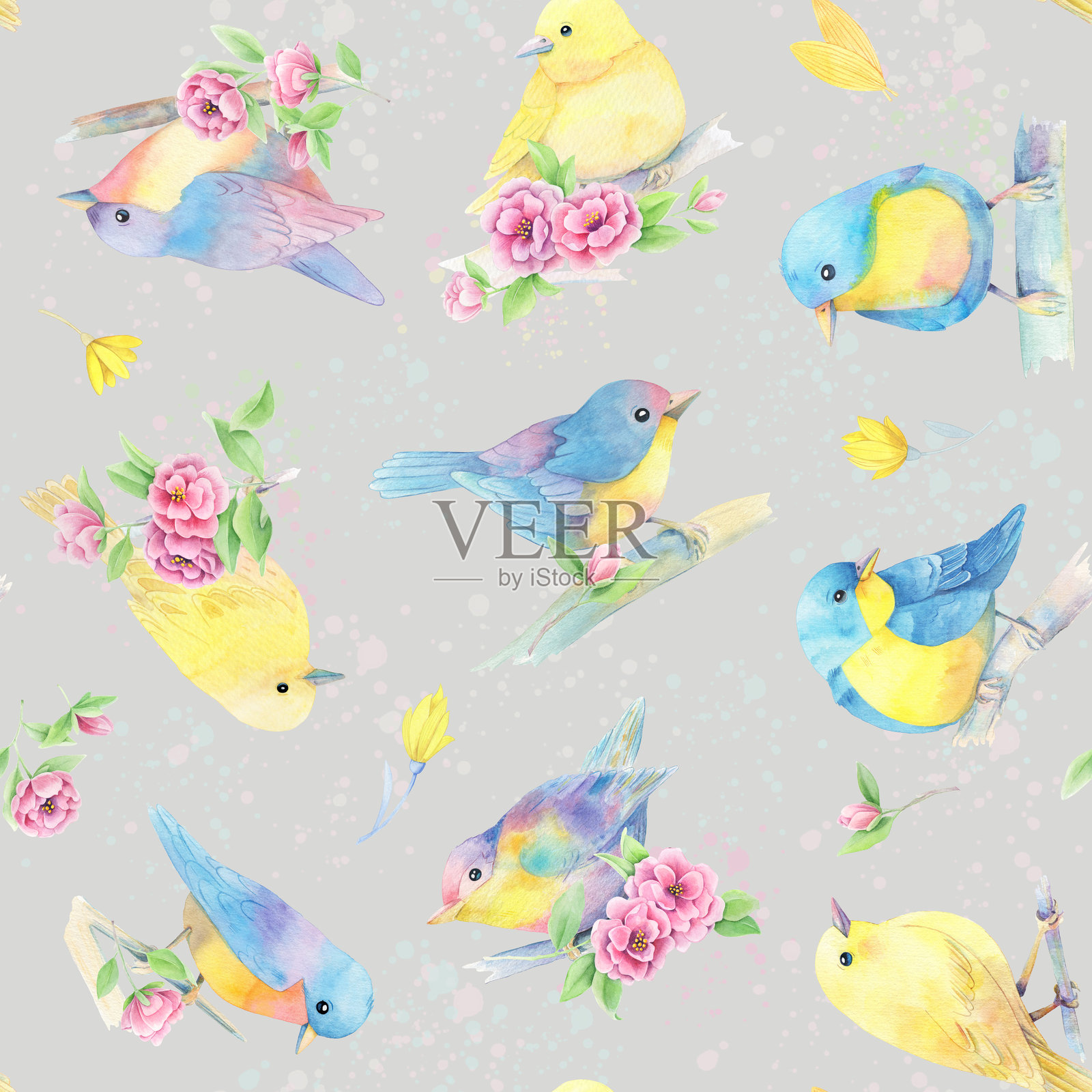 水彩鸟与花的无缝图案插画图片素材