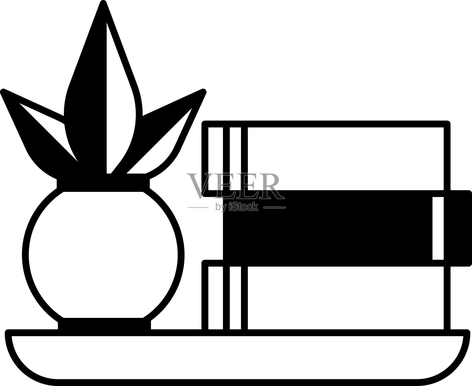 一个装有植物的花瓶和一叠书籍插画图片素材