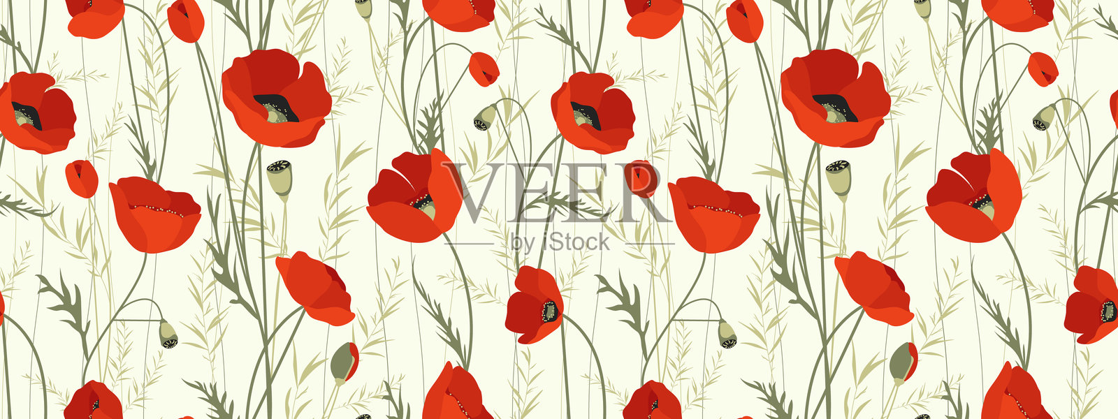 红色罂粟花的春季无缝花卉图案。插画图片素材