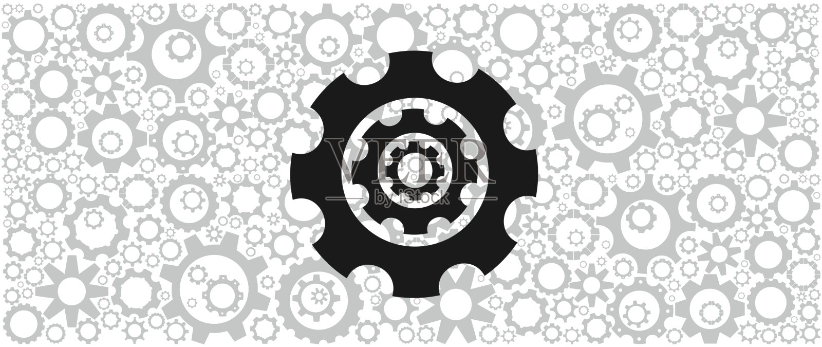 三只相同的齿轮在一条线上，背景是浅灰色的齿轮。插画图片素材