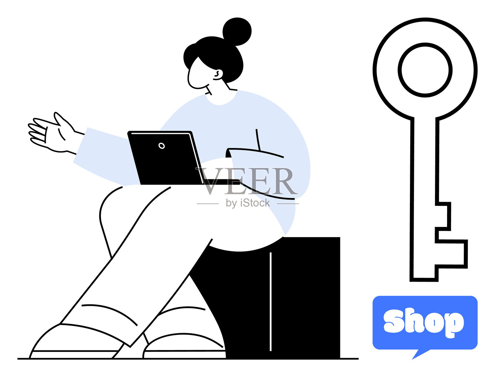 女性坐在笔记本电脑旁，店铺钥匙的图形设计，极简风格插画图片素材