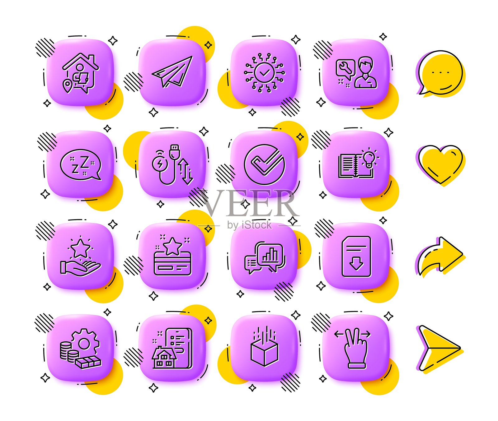 产品知识、充电线和忠诚卡线条图标。用于网页应用、印刷。应用程序3D按钮图标。矢量图。插画图片素材