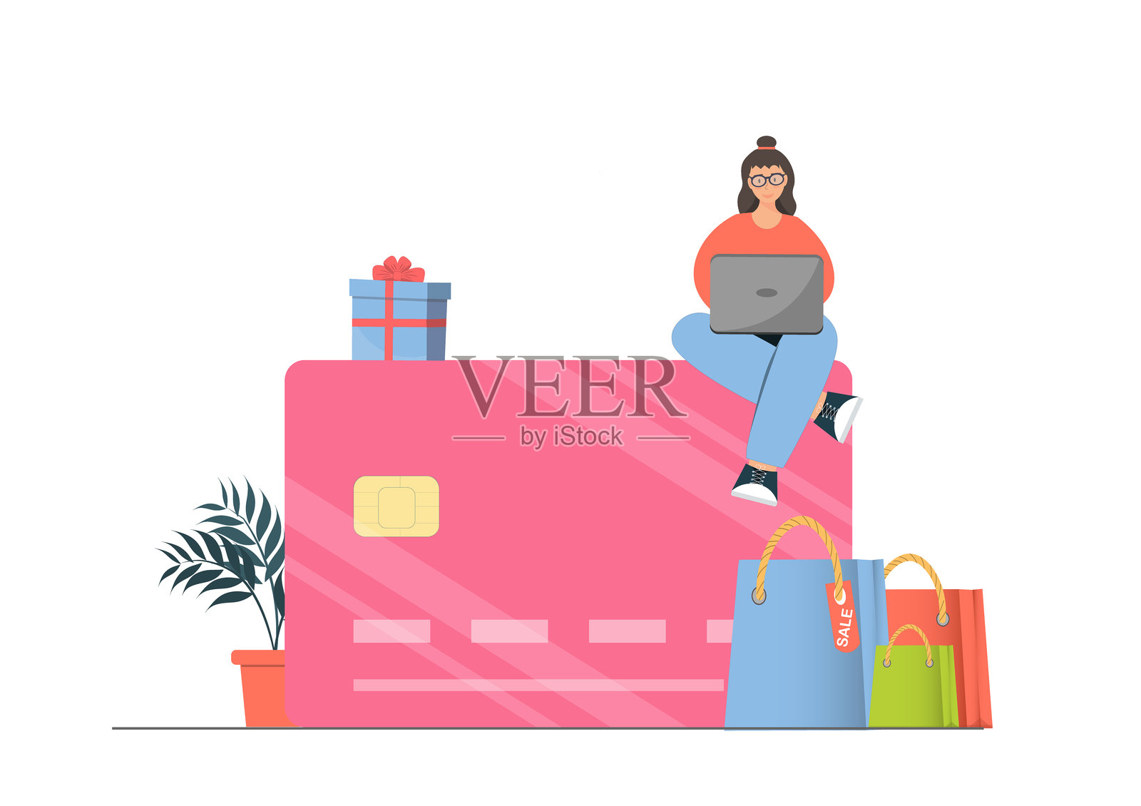 女性通过互联网进行在线购物，信用卡或非接触式支付概念，使用笔记本电脑进行在线支付，扁平化矢量插图插画图片素材