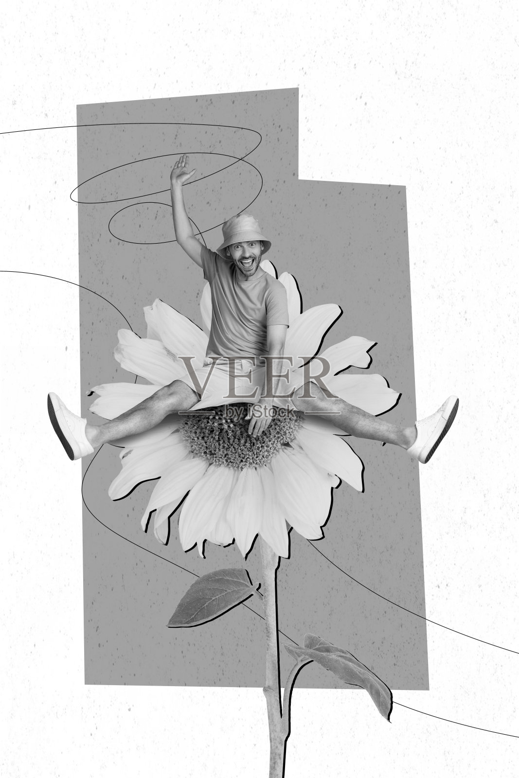 创意照片3D拼贴艺术海报，展示一位时尚男士坐在向日葵旁，挥手致意，背景为绘画风格。照片摄影图片