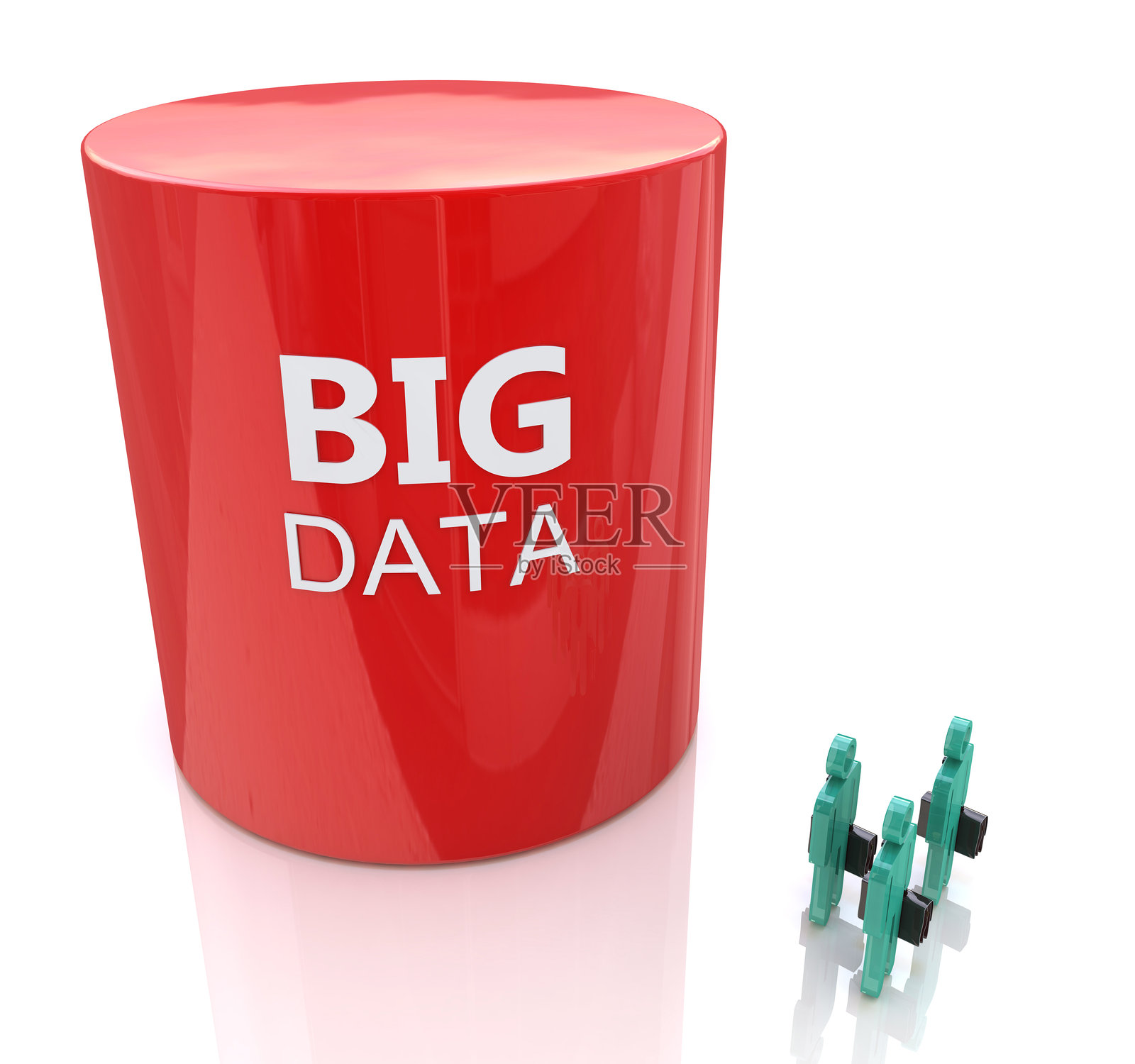 巨大的数据库符号让三个人显得渺小 - 大数据概念照片摄影图片