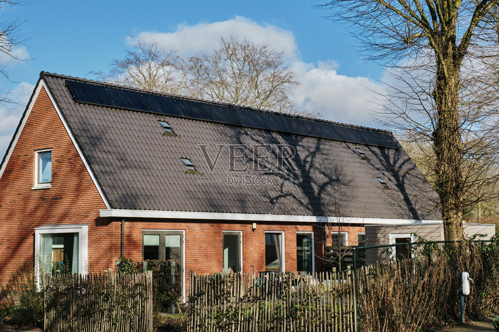 荷兰吉滕的现代排屋，屋顶装有太阳能电池板照片摄影图片
