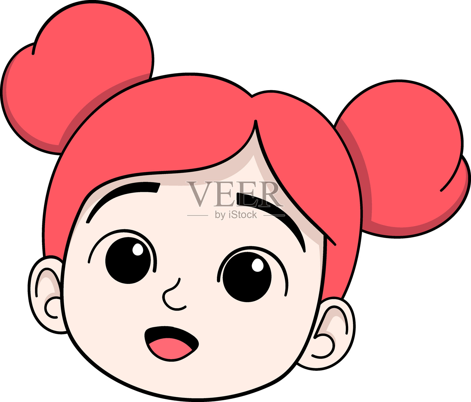 可爱的卡通女孩，红色双髻发型，开心地微笑插画图片素材