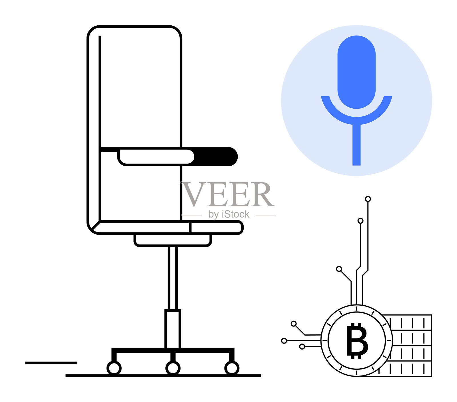 带有麦克风和区块链比特币符号的办公椅，描绘商业和现代科技主题插画图片素材