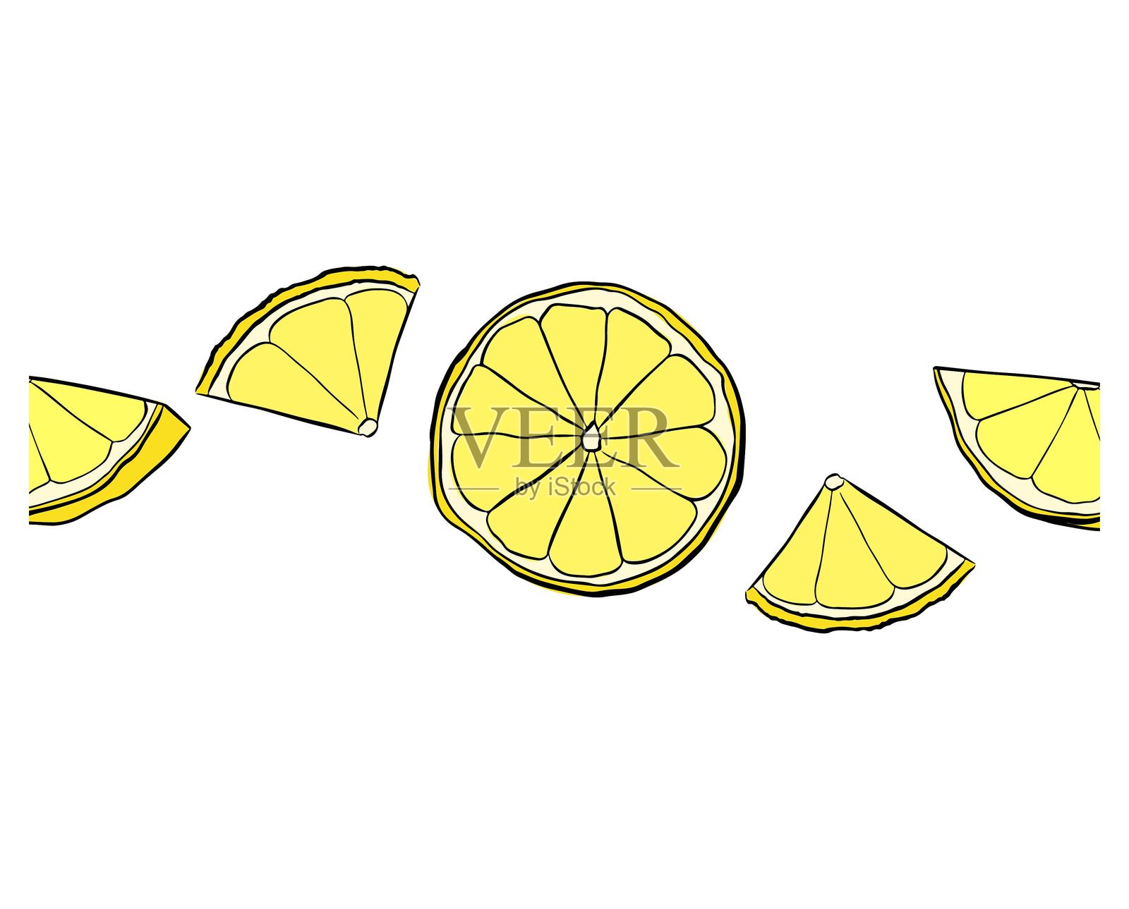 柠檬片的横向无缝边框。矢量图形线条墨水图案背景边框。适用于菜单、包装、化妆品、纺织品和包装设计。插画图片素材