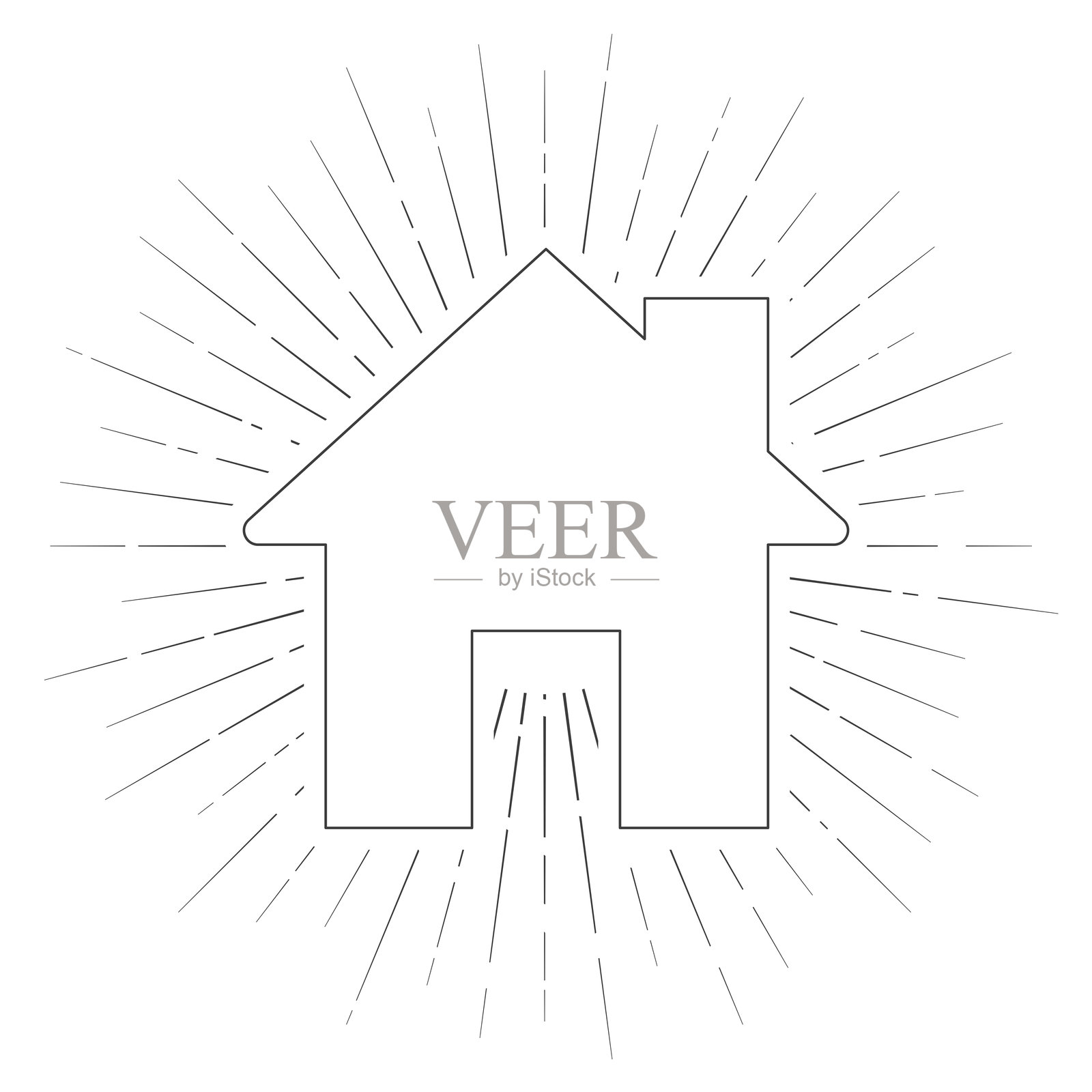 家。白色背景上的线条图标，带有阳光辐射效果插画图片素材