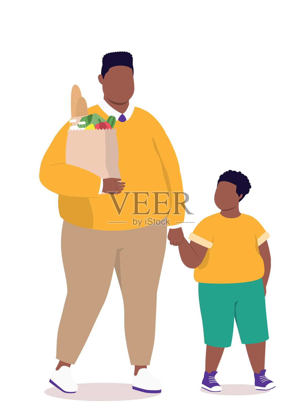 胖胖的黑人父亲与他的儿子一起走在购物后。跑腿。插画图片素材