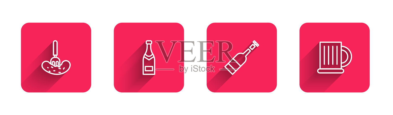 用叉子夹腌黄瓜，香槟酒，开过的葡萄酒和长影子的木制啤酒杯。红色方块按钮。向量插画图片素材