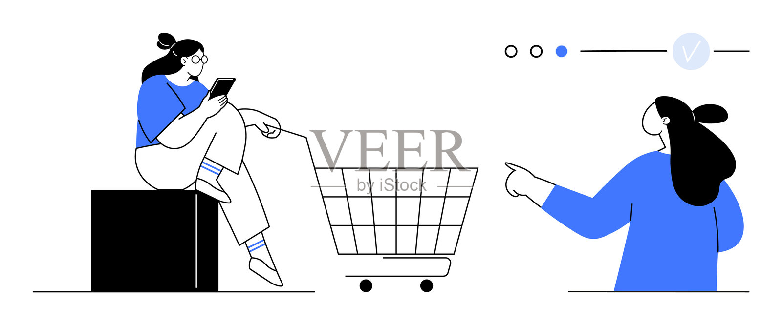 在线购物概念，女性在移动设备上互动并使用购物车插画图片素材