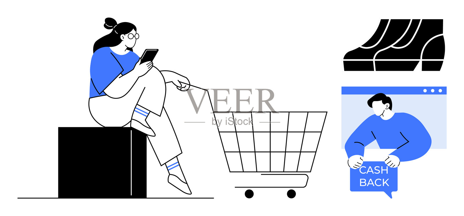 在线购物和返现概念，女性使用手机和购物车插画图片素材