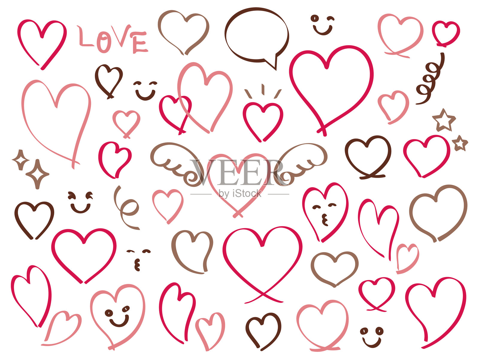 这是一组用马克笔绘制的粉色和红色心形插图。插画图片素材