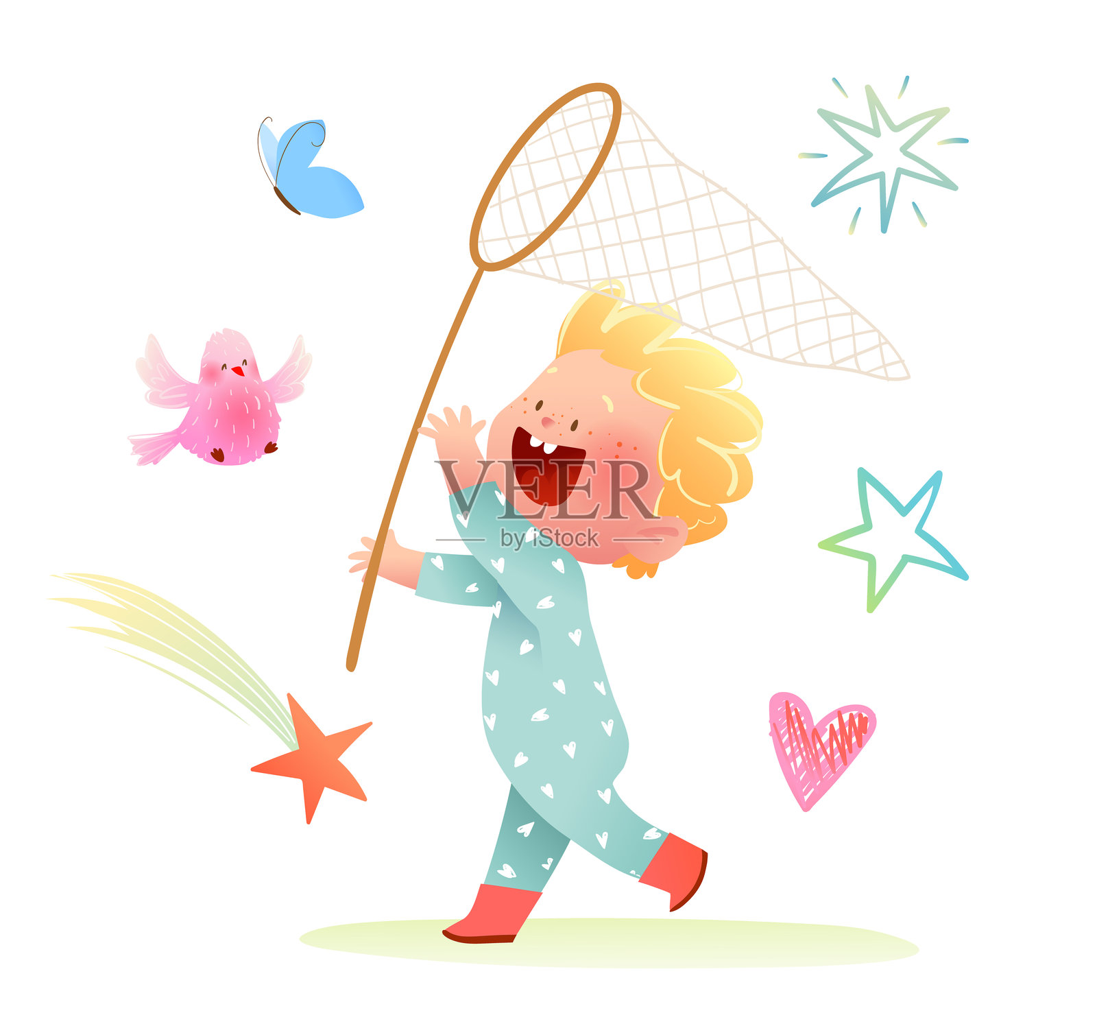 快乐的男孩在户外奔跑，手里拿着捕蝴蝶网插画图片素材