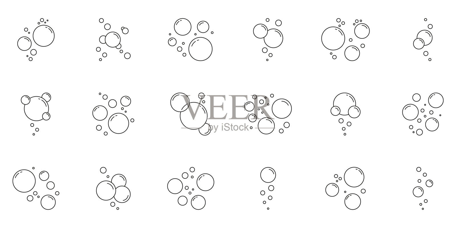 肥皂泡线条图标集。漂浮的肥皂气泡群，带有光泽效果的轮廓符号集合。可编辑的线条。孤立的矢量插图。插画图片素材
