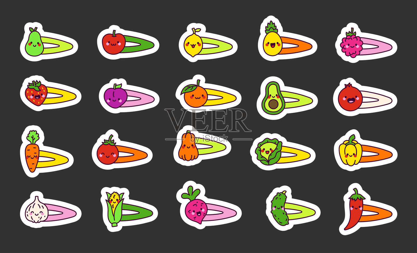 一套可爱的水果和蔬菜发夹，配有可爱的轮廓插图，完美适合时尚造型、儿童配饰和您的设计项目的装饰元素。插画图片素材