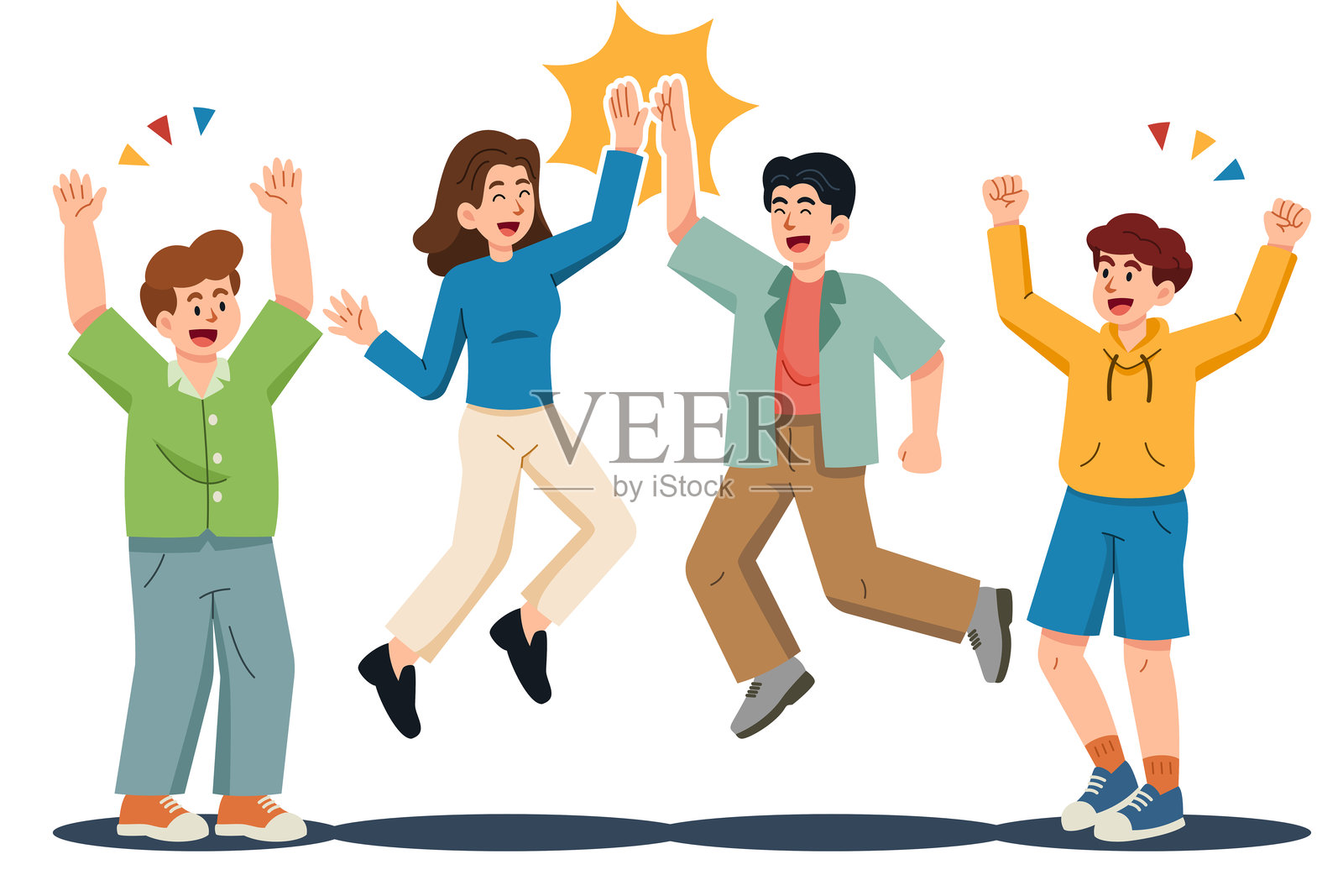 一群男女朋友跳起来击掌，互相碰触手并举起双手。插画图片素材