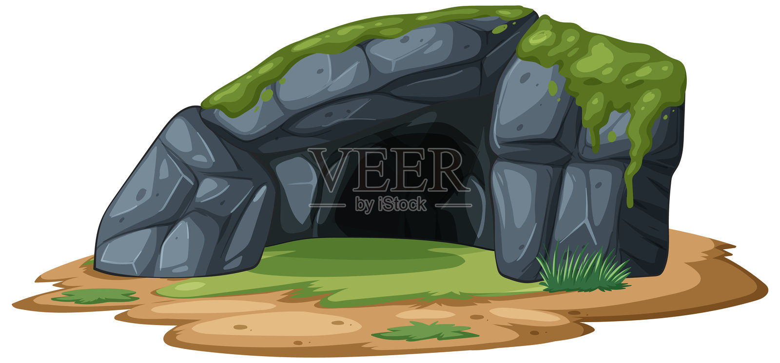 苔藓覆盖的洞穴入口的矢量插图，具有岩石纹理和自然色调，适合自然主题设计。插画图片素材