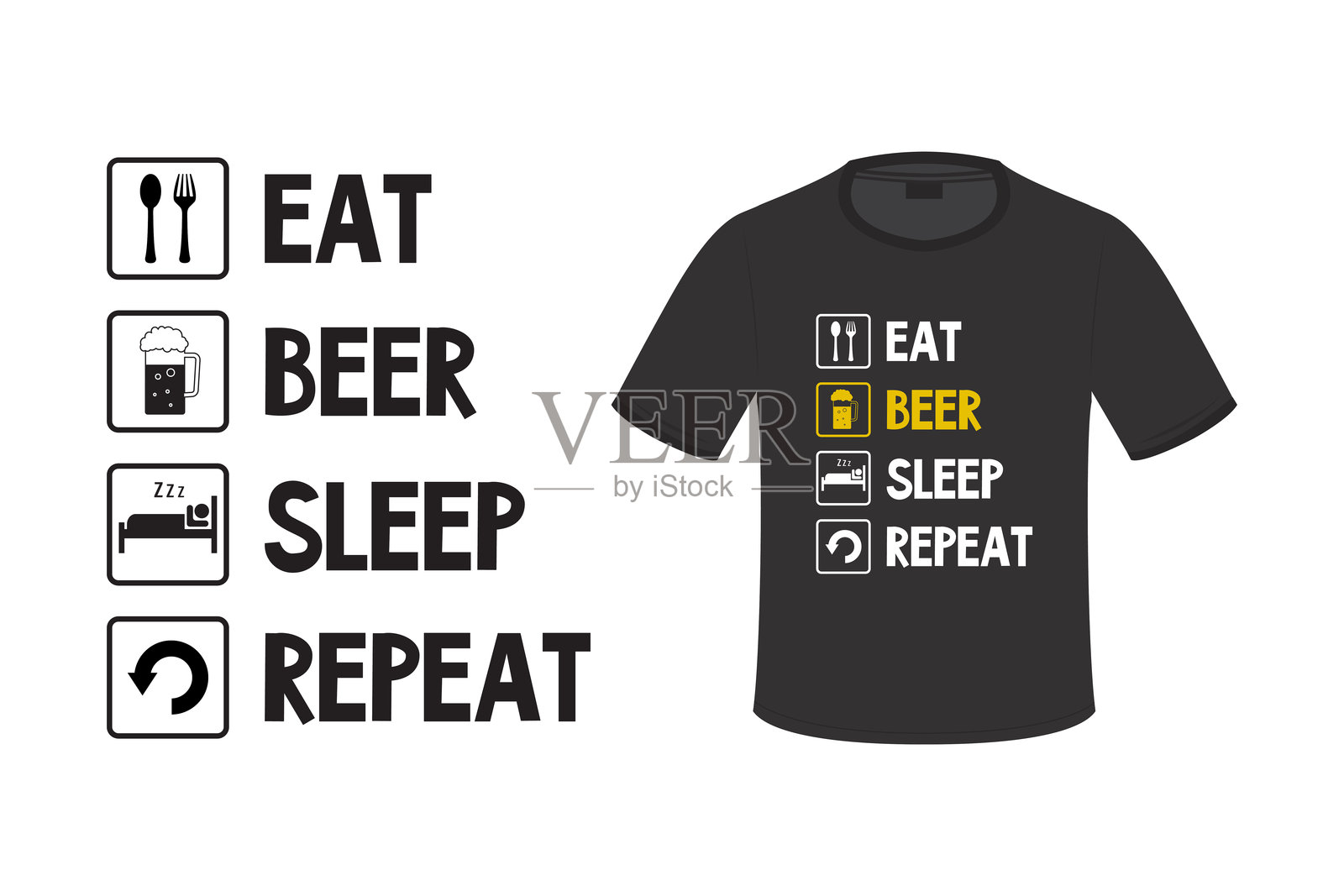 吃、睡、啤酒、重复。适用于T恤的排版图形。可打印海报、排版名言或T恤样品。啤酒爱好者的T恤设计，适合任何印刷品。插画图片素材