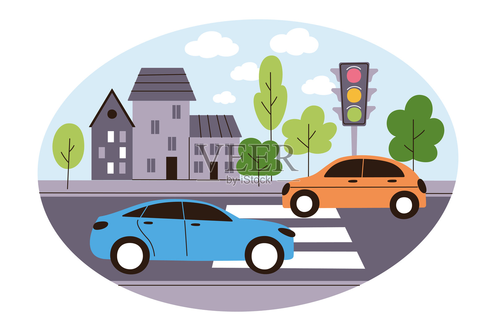 平面卡通风格的行人过马路插图，包含交通信号灯、道路上的汽车，以及背景中的城市建筑和树木。夏日，交通，城市生活，交通安全的构图。插画图片素材