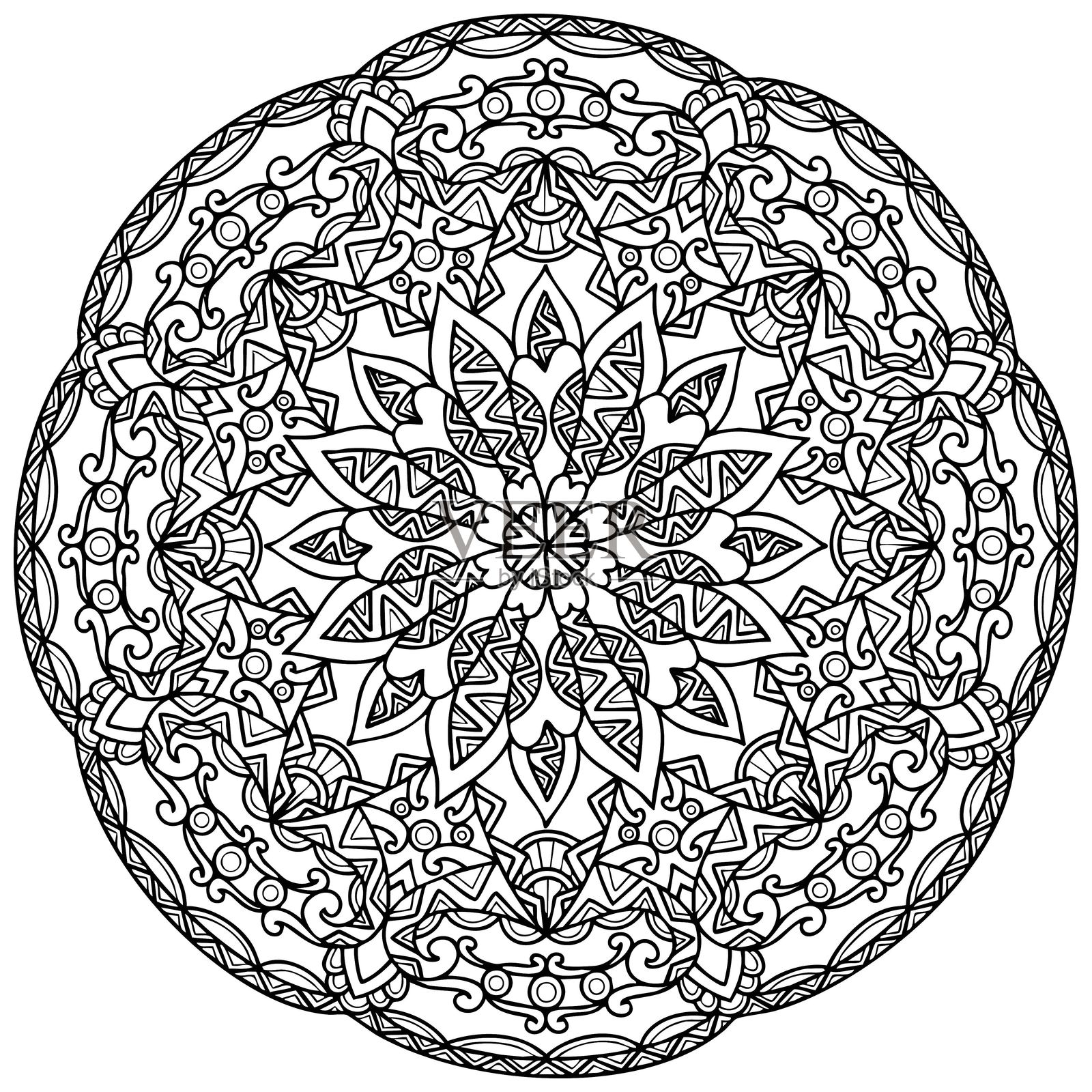 着色页412，手绘，矢量图。曼陀罗355，民族风格，旋涡图案，物体独立于白色背景。插画图片素材