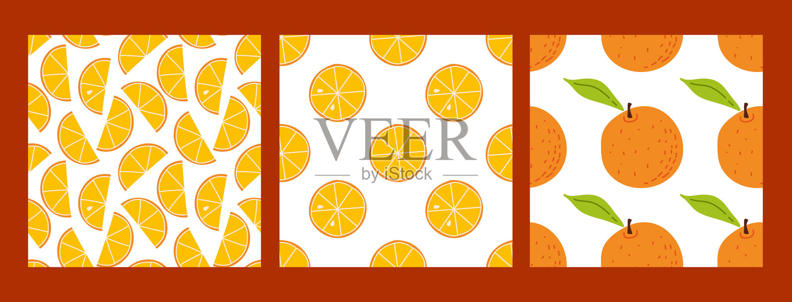 色彩斑斓的柑橘图案，背景上有橙子和柠檬。插画图片素材