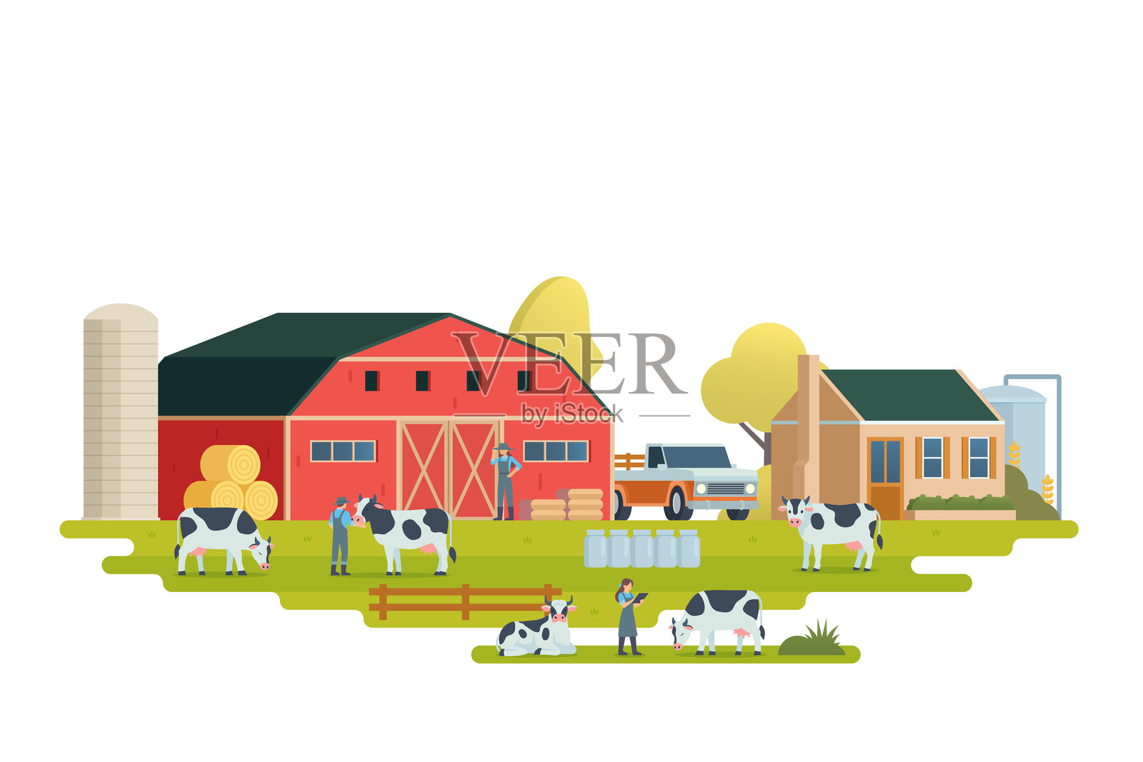 农场风景矢量插图。带有农场元素的牲畜动物农场景观。插画图片素材