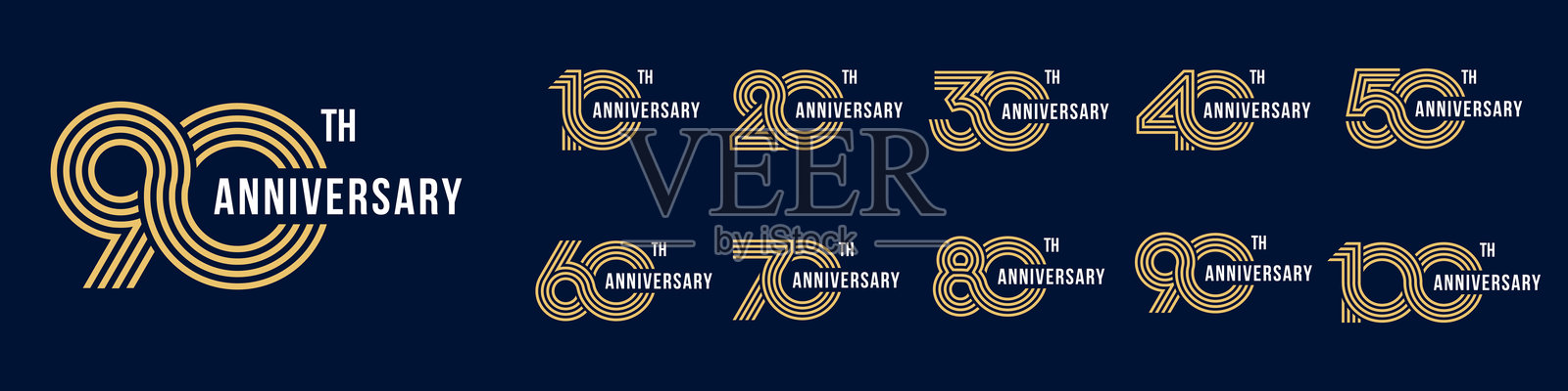 周年庆典10到100年的标志设计。用于庆祝活动、婚礼、贺卡和邀请函的抽象数字，矢量插图。插画图片素材