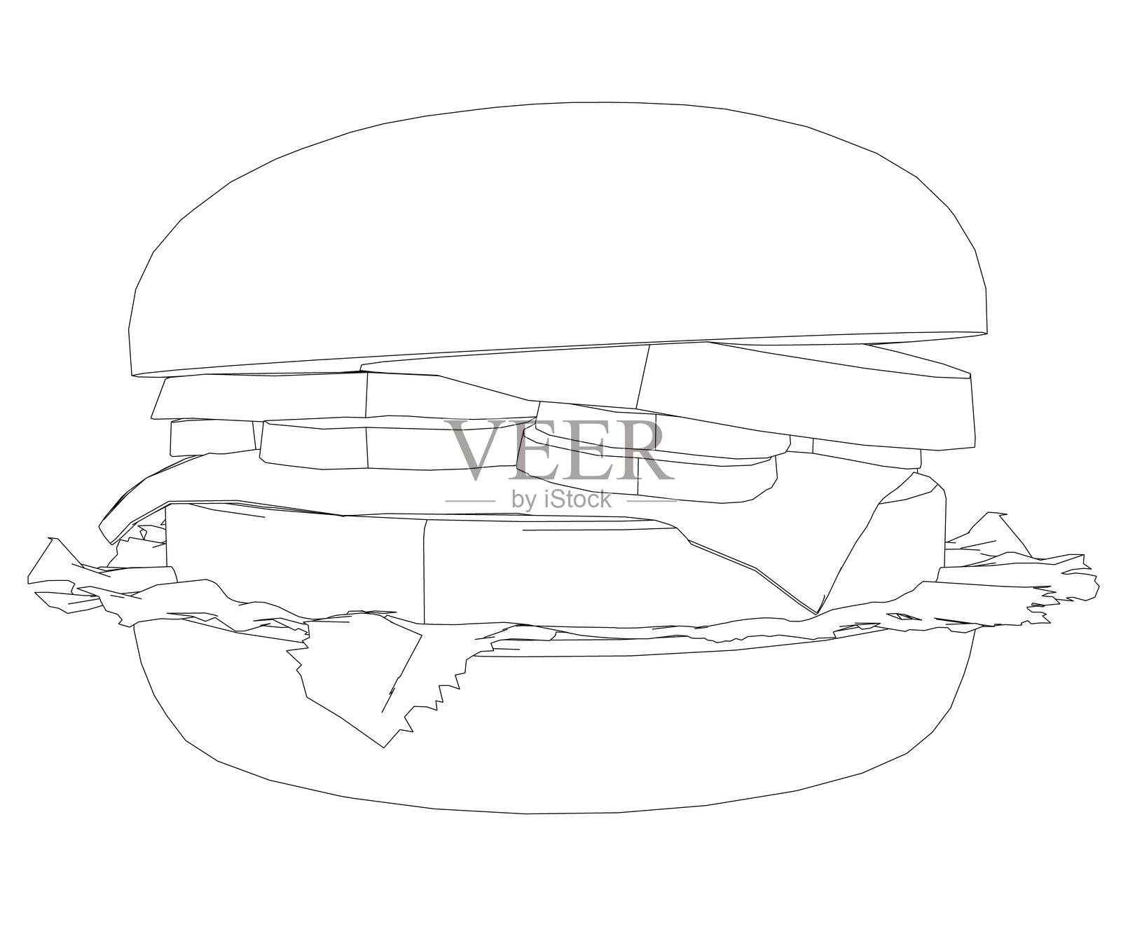 一个大汉堡的画，配有生菜和番茄，汉堡上有很多配料。插画图片素材