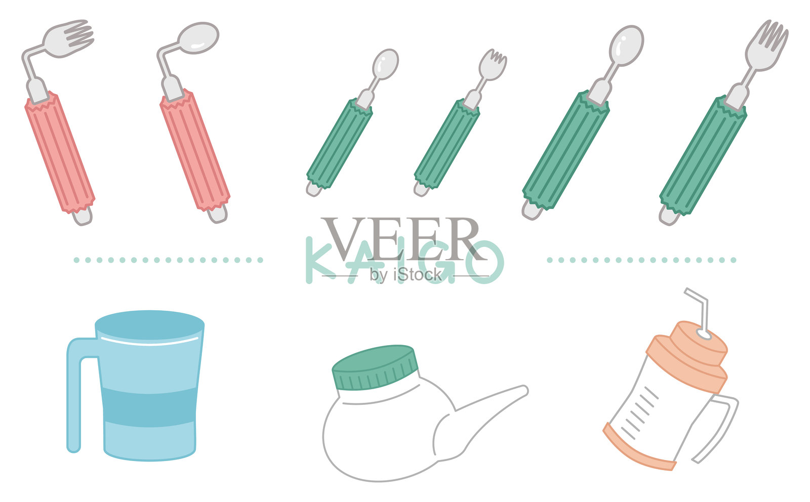 照顾者自助工具插图集 - 勺子、叉子、杯子和乐器插画图片素材