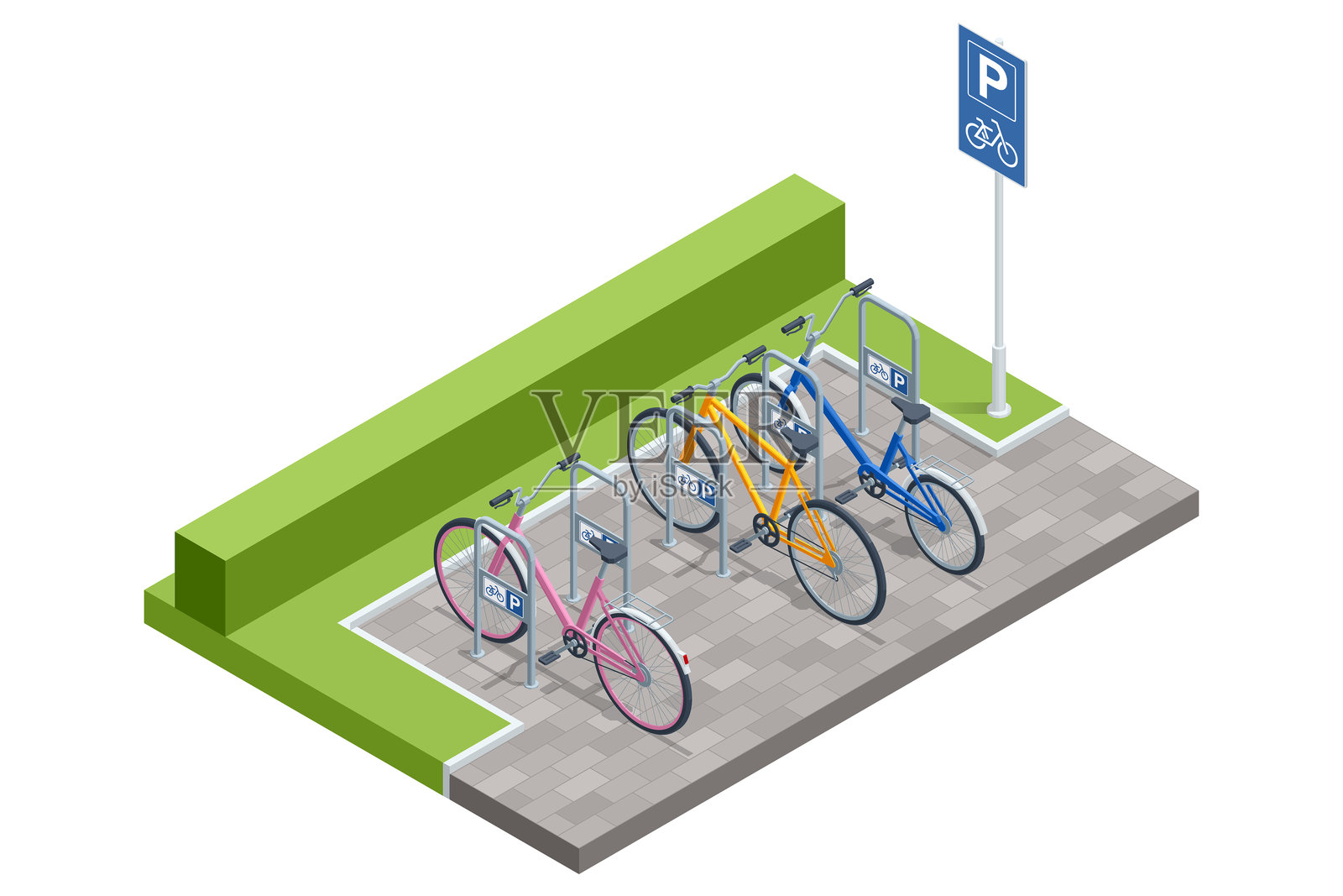 一个等距插图，展示了一个户外自行车停车区，停放着三辆粉色、蓝色和橙色的自行车。停车区铺有地面，周围被绿色的树篱围住，并有一个蓝色的停车标志。插画图片素材