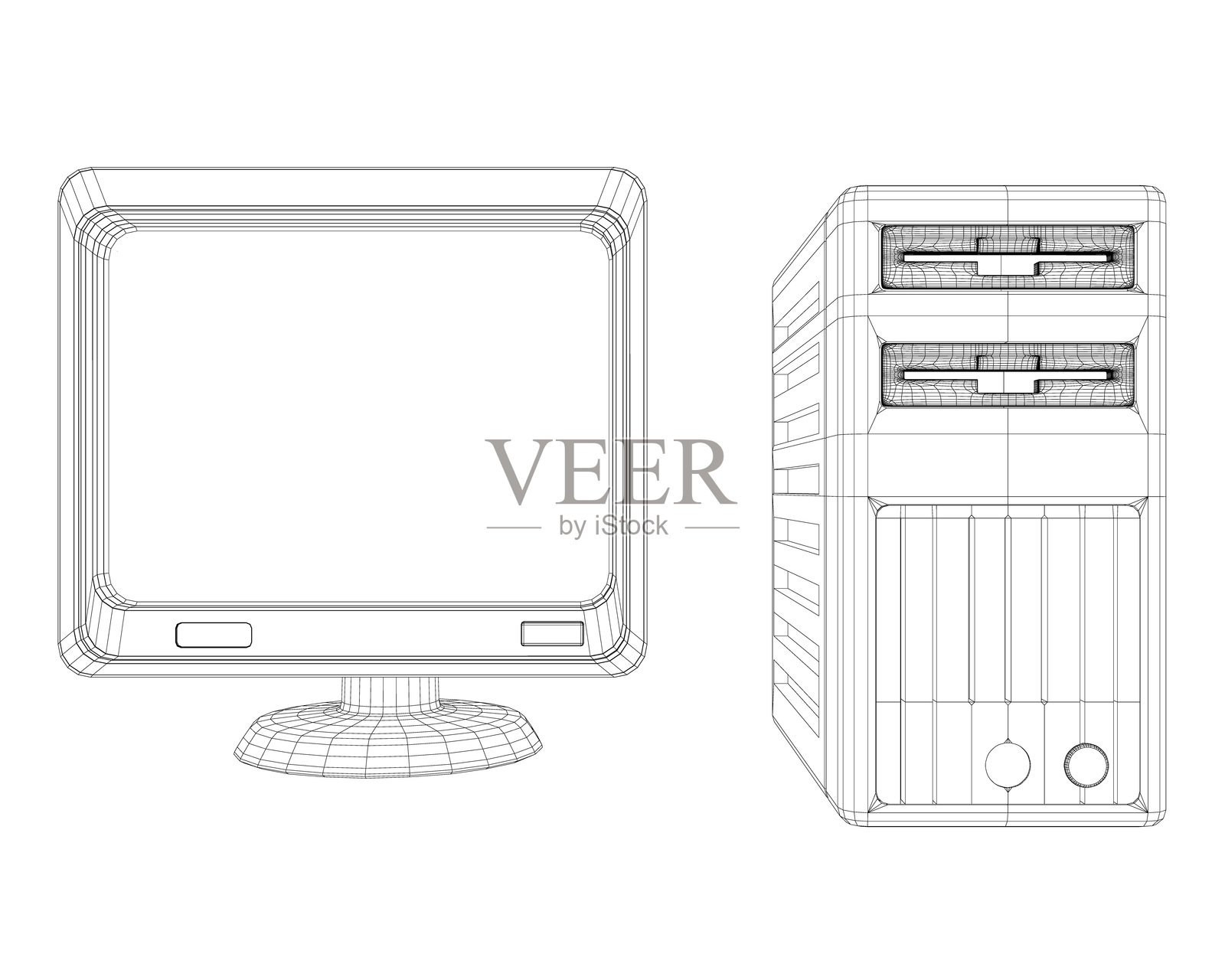 黑白画中展示了一台电脑显示器和一台电脑主机。显示器放在支架上，主机放在桌子上。电脑主机有两个硬盘和一个键盘。插画图片素材