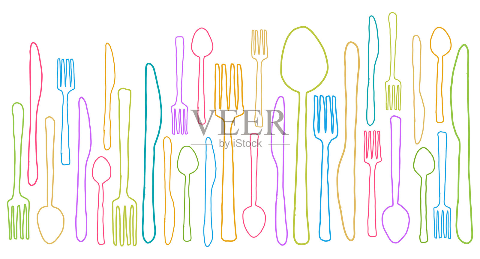 勺子、叉子、刀子的彩色素描底纹插画图片素材