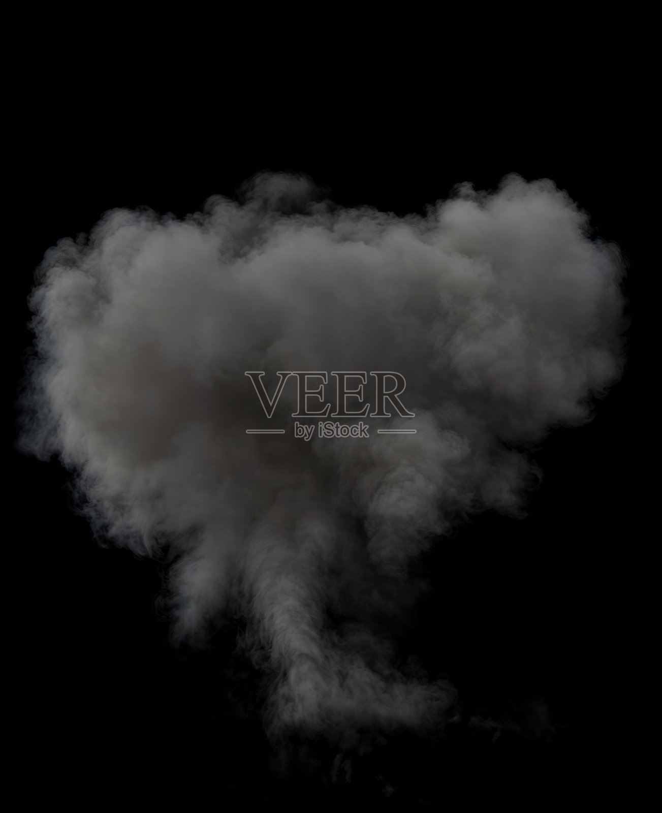 浓密的灰色烟雾形成的大型翻滚云朵，暗示可能发生爆炸或强烈的蒸汽释放，背景为黑色。照片摄影图片