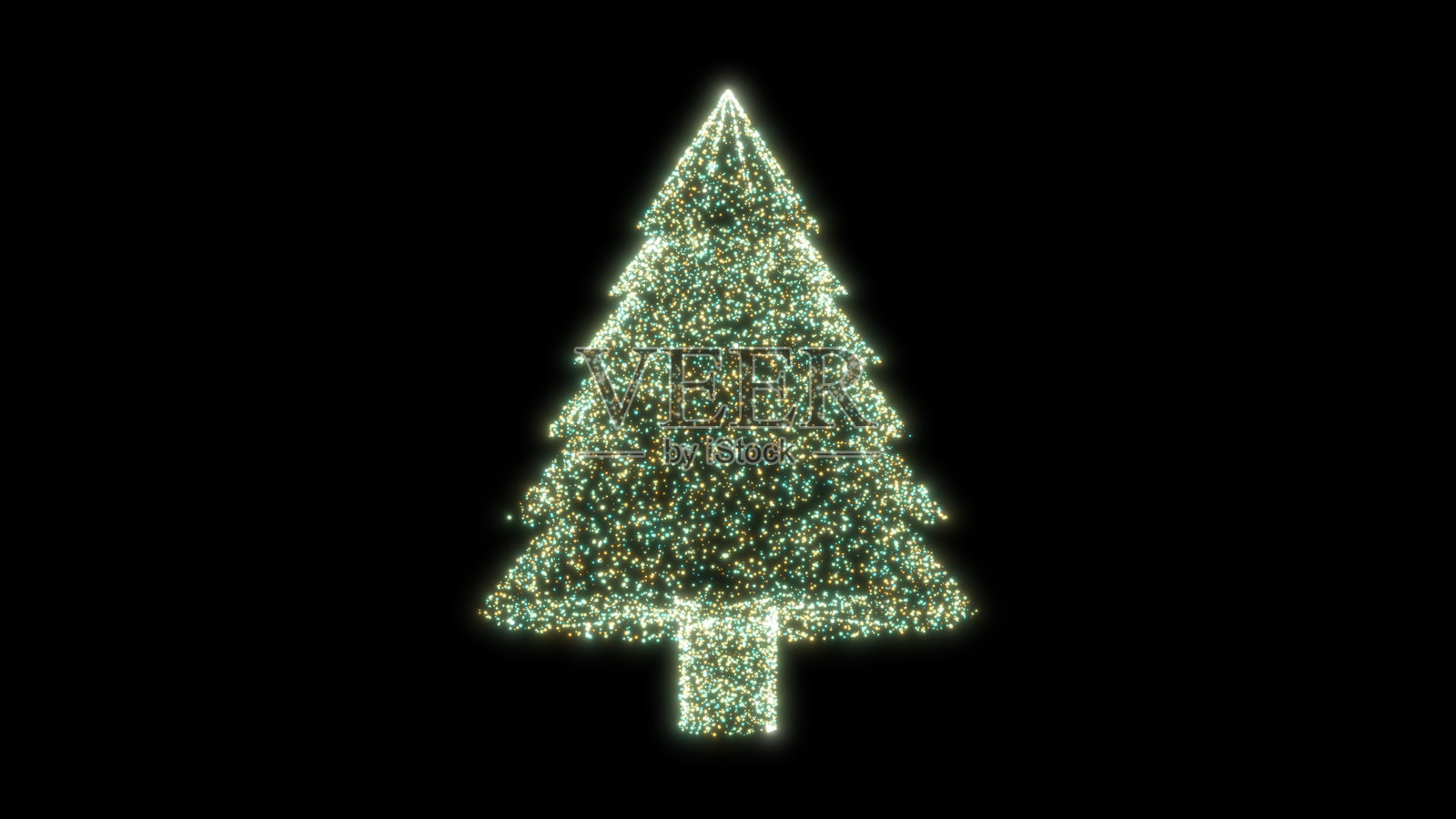 绿色圣诞粒子树，顶部装饰发光星星，黑色背景，独立的节日贺卡3D，冬季新年庆祝活动照片摄影图片