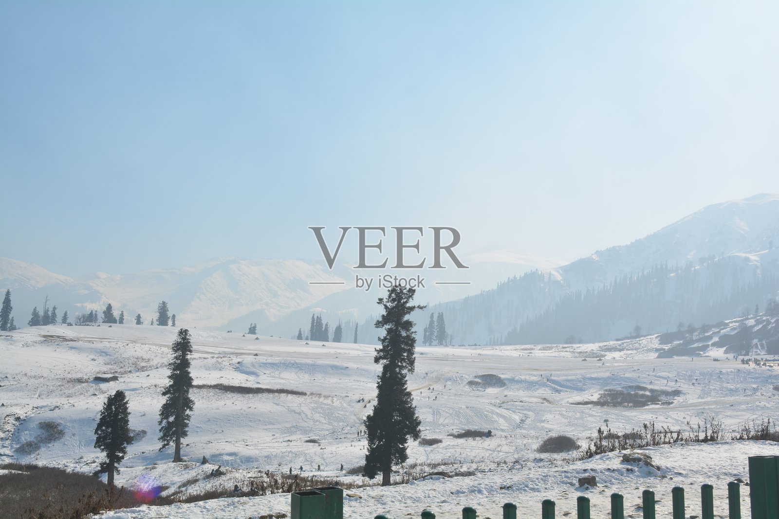 冬季的美丽古尔马尔格 - 雪山、常青森林与喜马拉雅山照片摄影图片