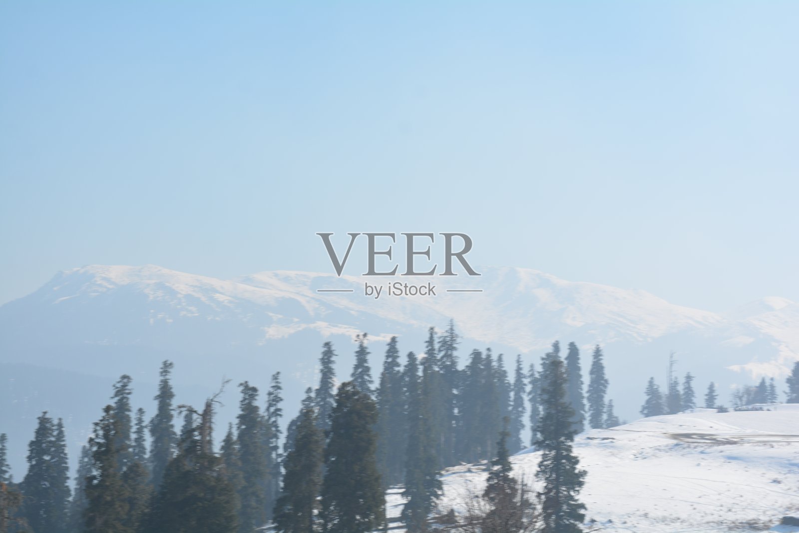 冬季的美丽古尔马尔格 - 雪山、常青森林和喜马拉雅山照片摄影图片