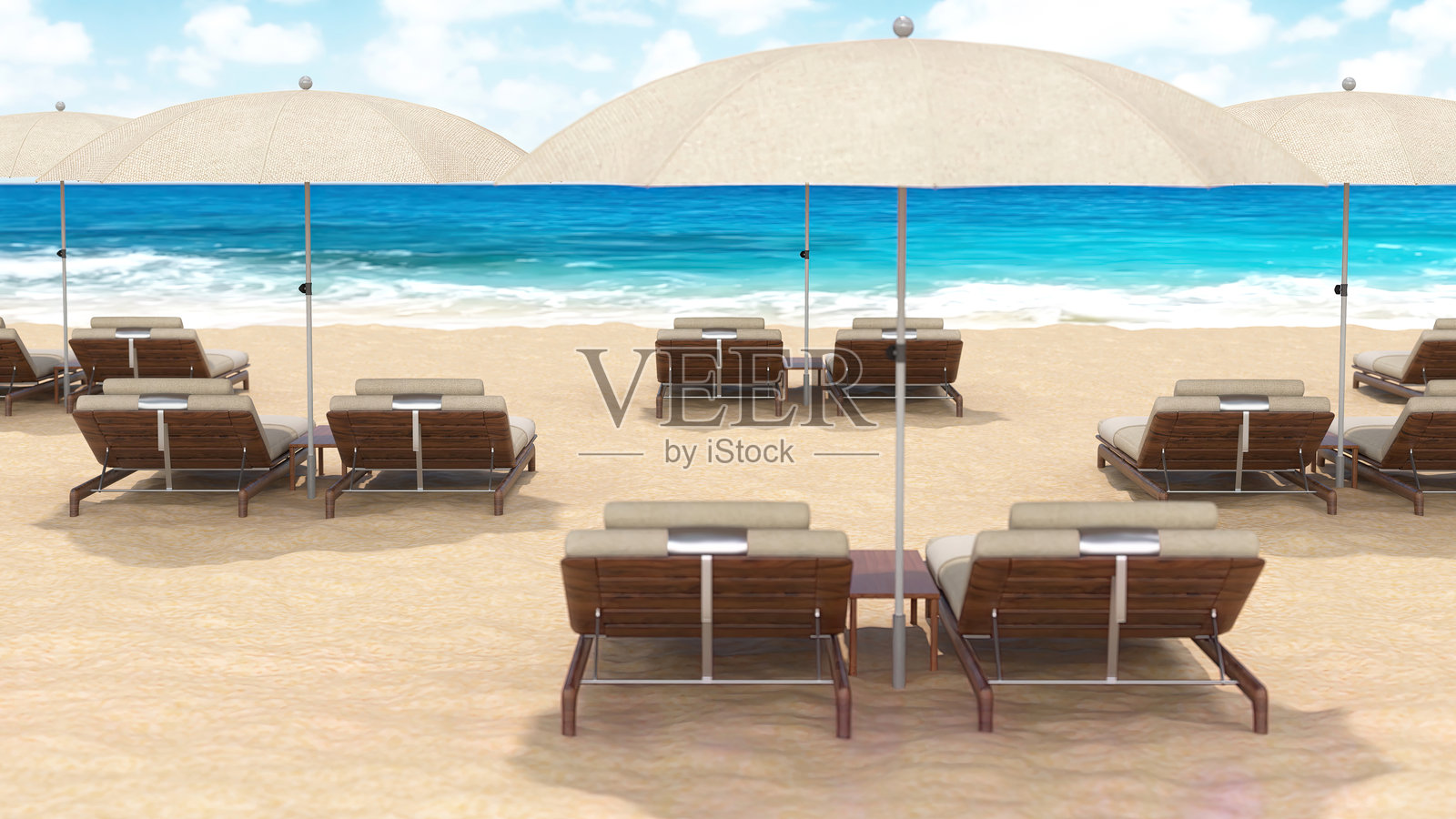 热带海滩上夏季的阳光床和遮阳伞排成行。3D插图照片摄影图片