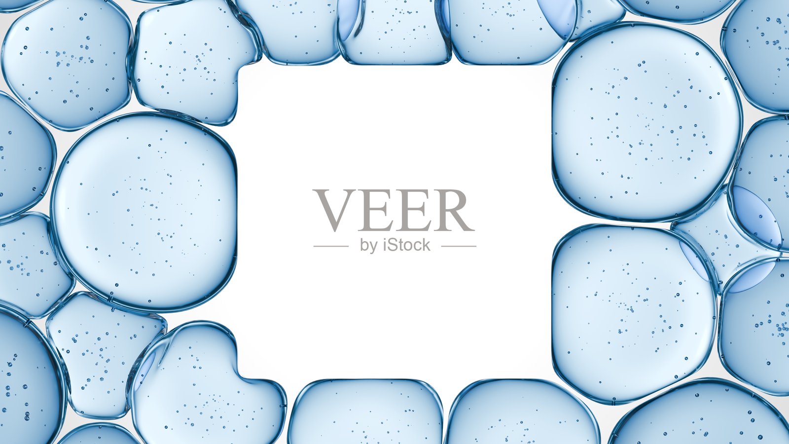 一组半透明气泡艺术性地排列成一个独特的边框，展示出一个空白的中央区域。非常适合各种创意项目，为作品增添了一丝新鲜感。3D渲染照片摄影图片