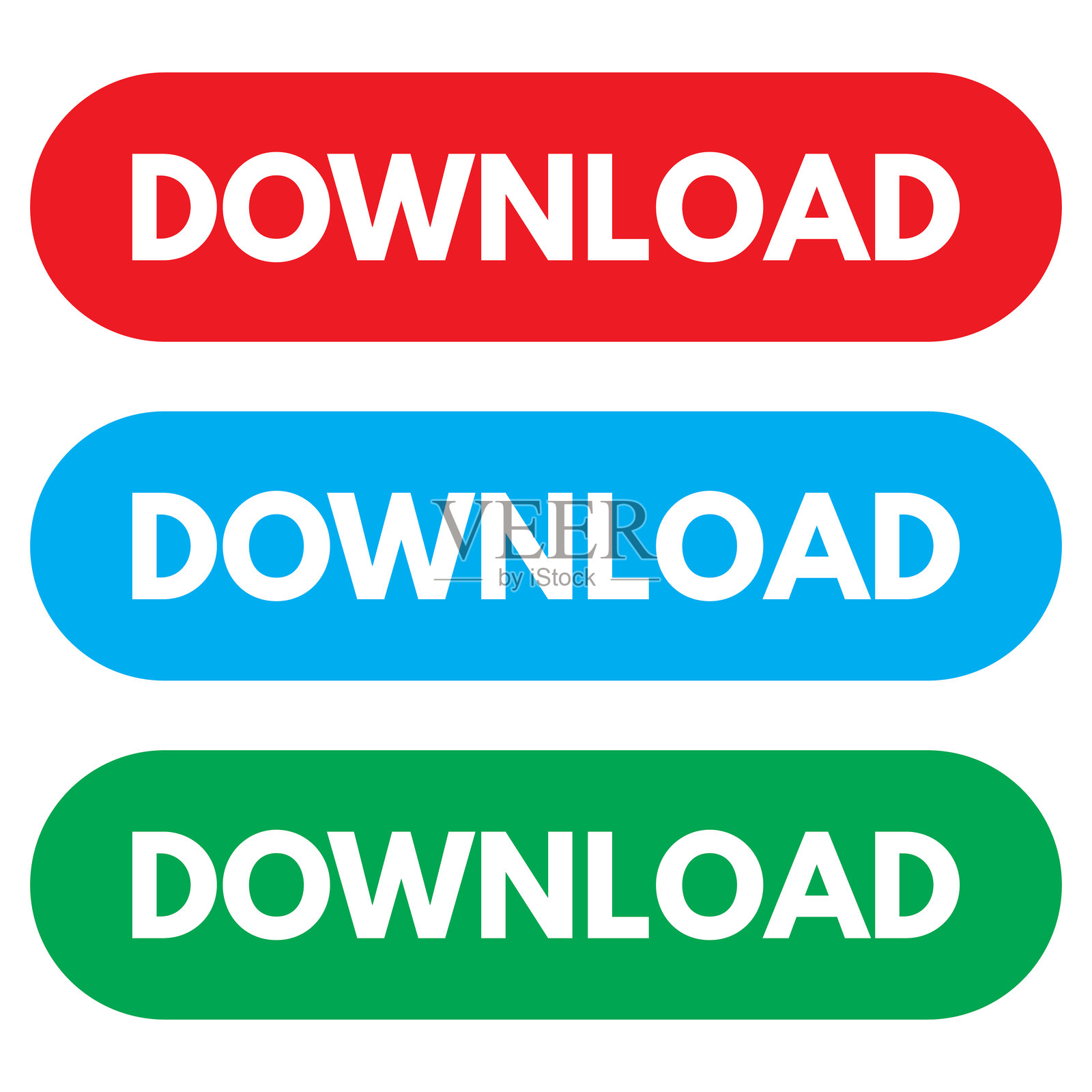 下载按钮图标集，三种颜色，白色背景下独立展示。下载网页按钮。矢量插图。插画图片素材