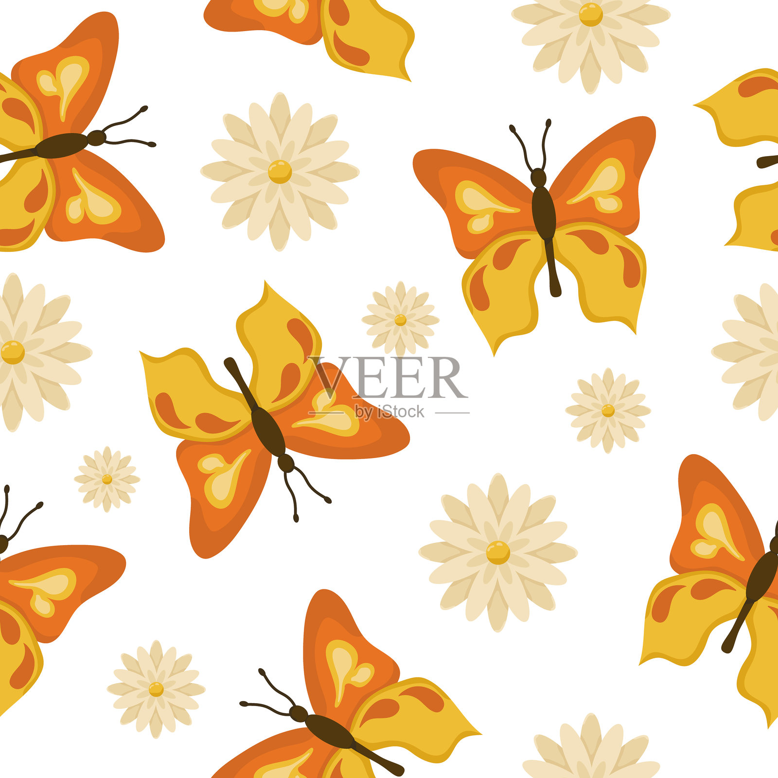 蝴蝶和花卉的无缝矢量图案。春季插图适用于包装、壁纸和明信片。插画图片素材