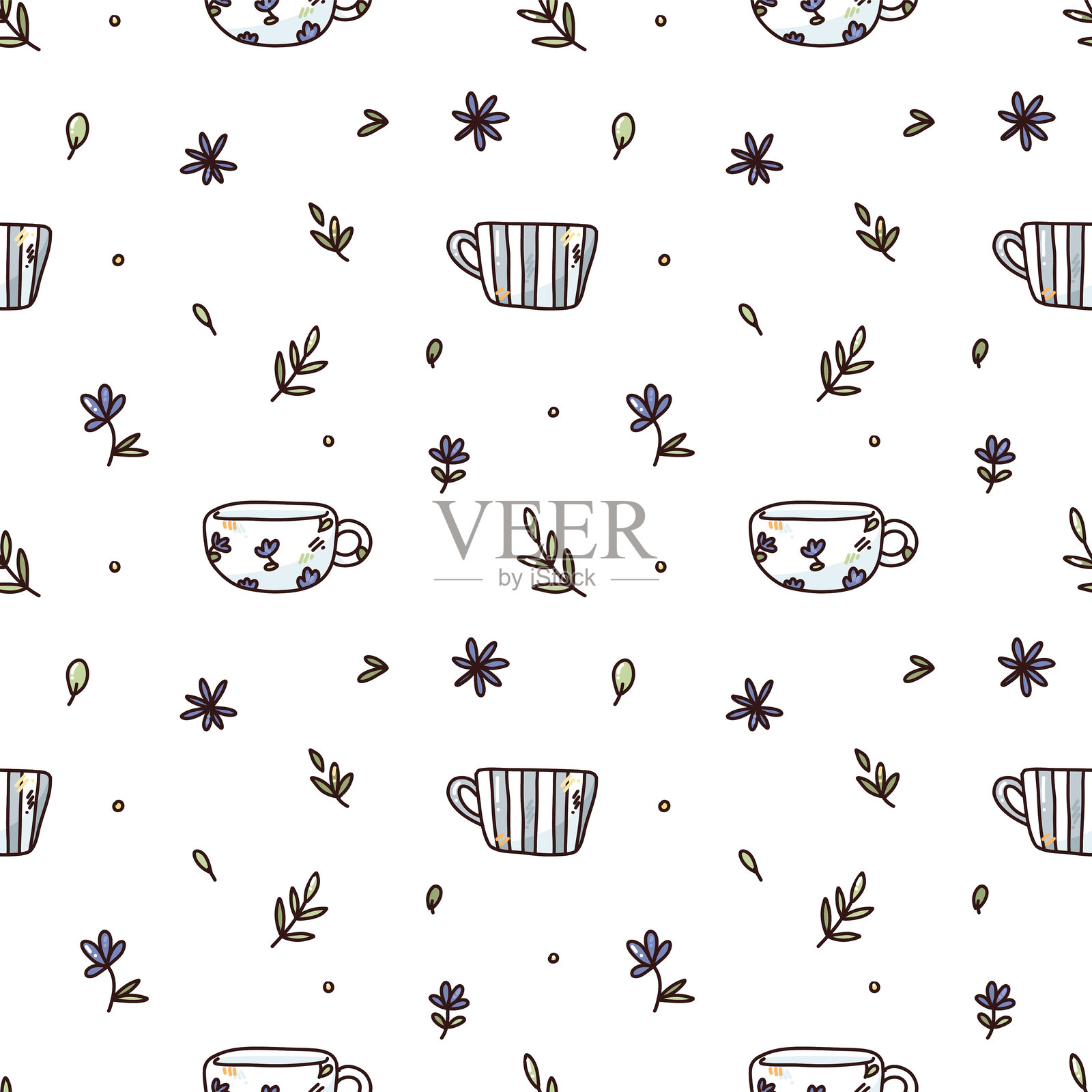 无缝图案，包含杯子和花朵插画图片素材
