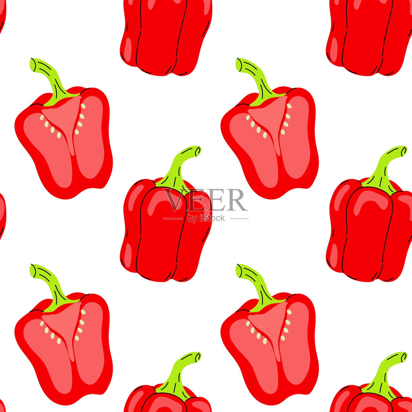 红色甜椒在白色背景上的图案展示了生机勃勃的新鲜感，适合烹饪设计和健康饮食主题。插画图片素材