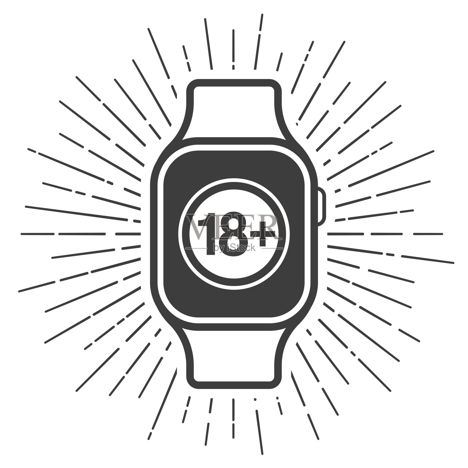 带有18+标志的智能手表。白色背景上的太阳光辉图标插画图片素材