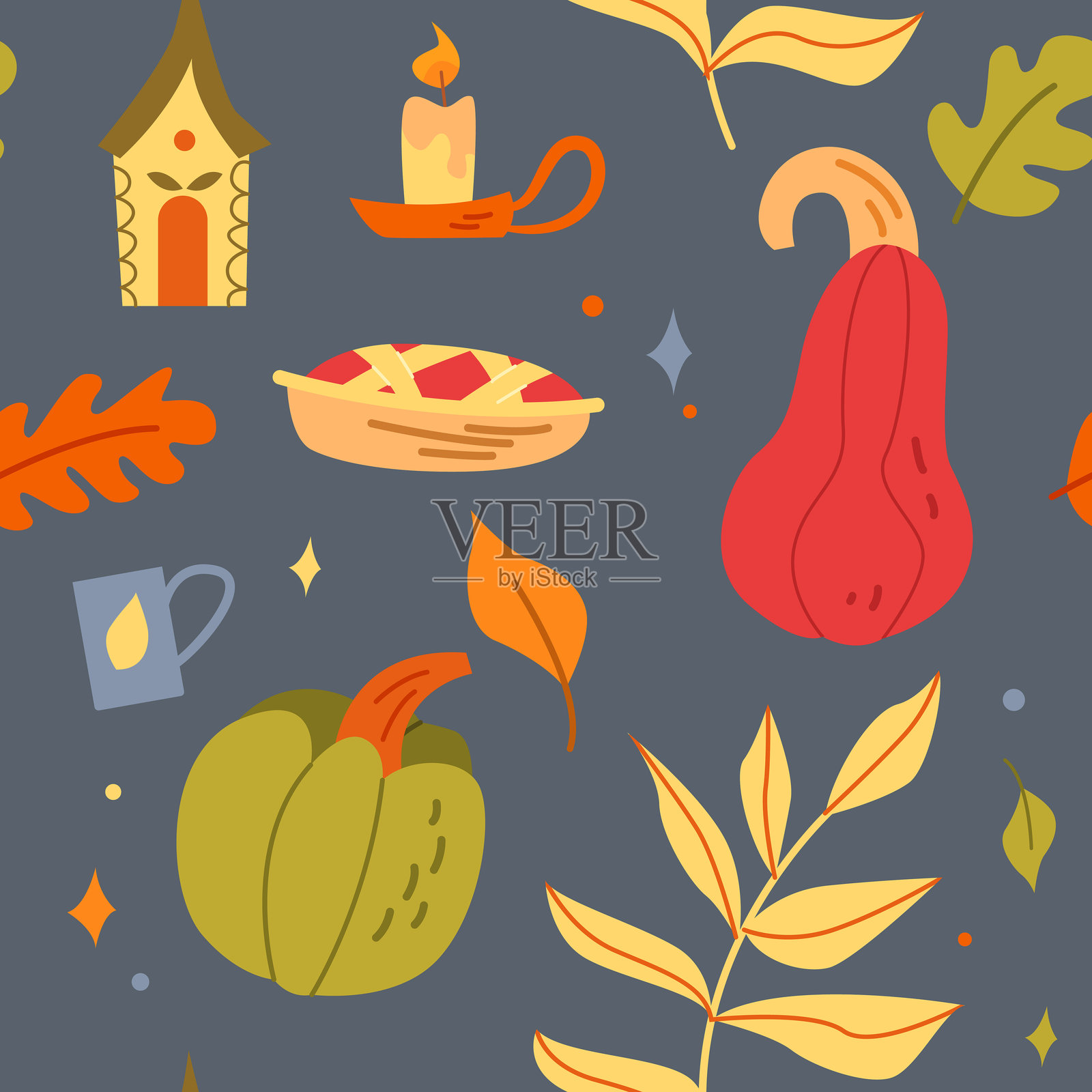 彩色秋季无缝图案，包含秋叶、南瓜、派和蜡烛。秋季蓝色背景。插画图片素材