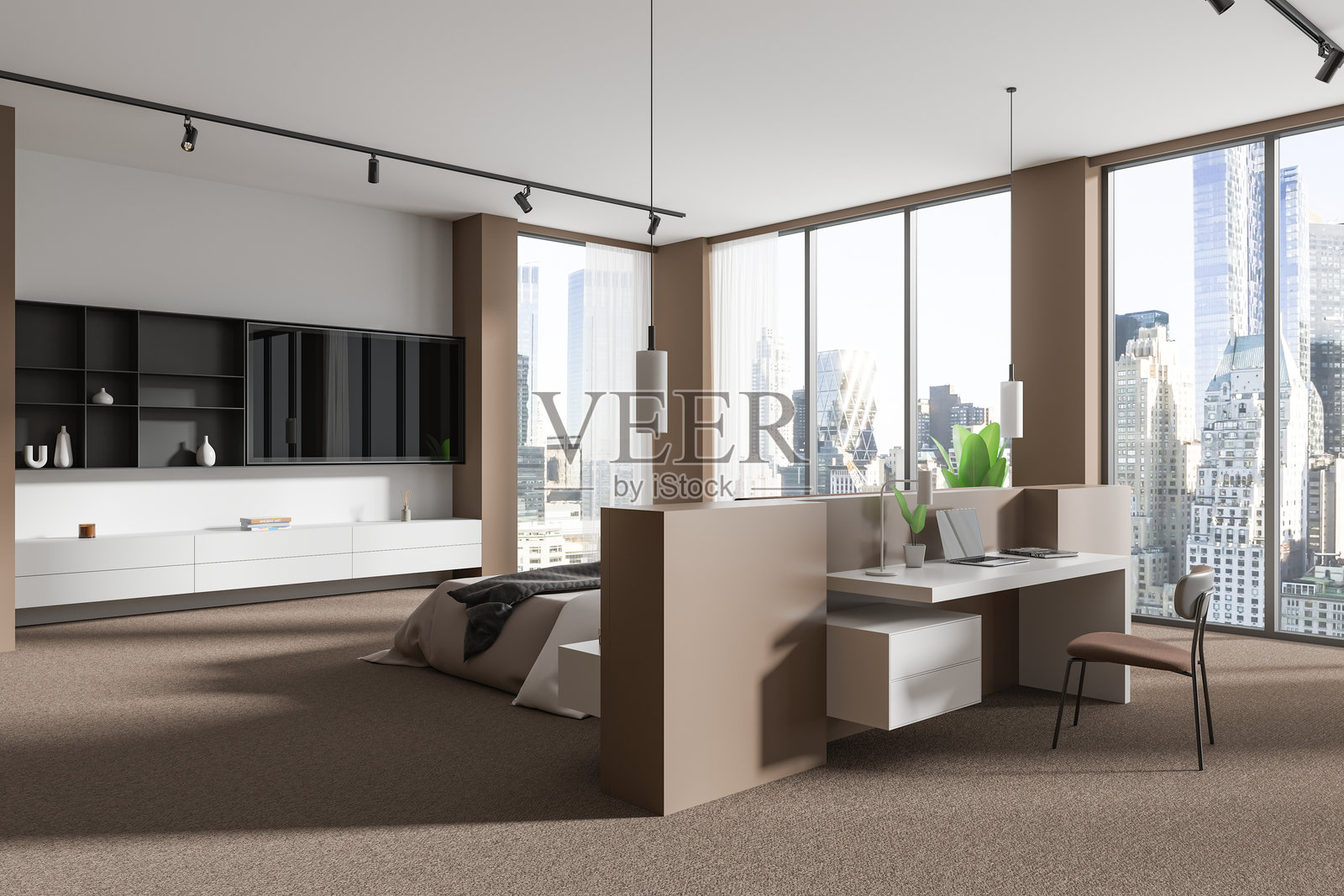 现代家居卧室室内设计，包含睡眠和工作空间，配有全景窗户照片摄影图片